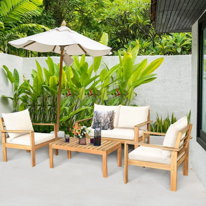 Curated outdoor 4-piece acacia wood chat set, 4 seater acacia wood conversation sofa and table set with water resistant cushions