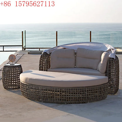 Outdoor leisure rattan sofa queen bed rough rattan recliner round bed combination with canopy round rattan awning lying outside