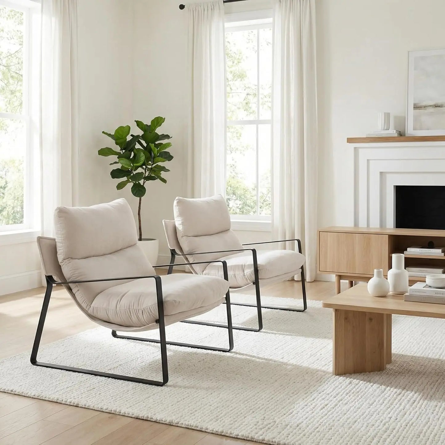 Modern Linen Accent Armchair Upholstered Soft Living Room Chair with Removable Cushion White