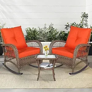 Outdoor Wicker Rocking Chair Trio with Cushions and Glass Coffee Table Patio Set