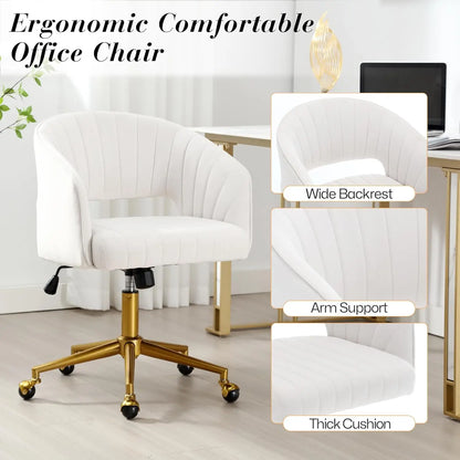 Modern Velvet Swivel Desk Chair, Height Adjustable Armchair with Gold Base, Ergonomic Office Chair for Home Office, Cream