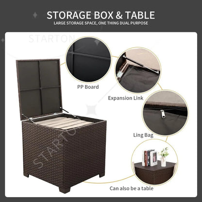 Outdoor Patio Furniture Set 4 Piece， Brown Rattan Sectional Sofa Couch PE Wicker Conversation Sets with Storage Box Glass Top Ta