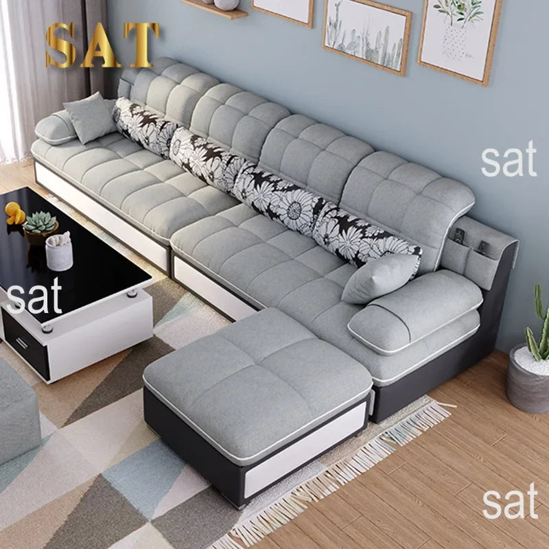 Nordic Modern Sky Blue L-Shaped Corner Sofa Soft Three Seater Loveseat and Bunk Bed Couch Set for Living Room