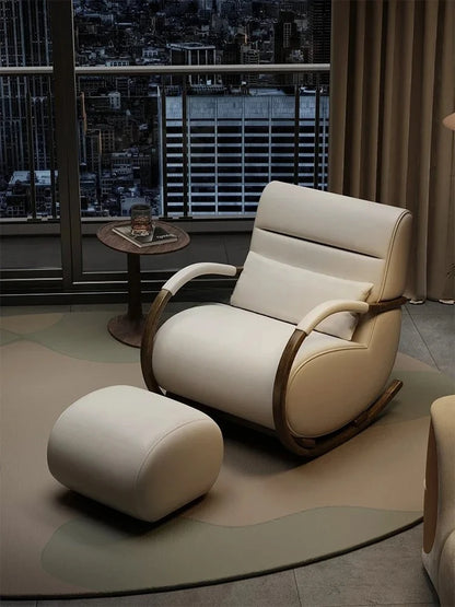 Solid wood leather lazy balcony leisure rocking chair bedroom living room household single sofa chair