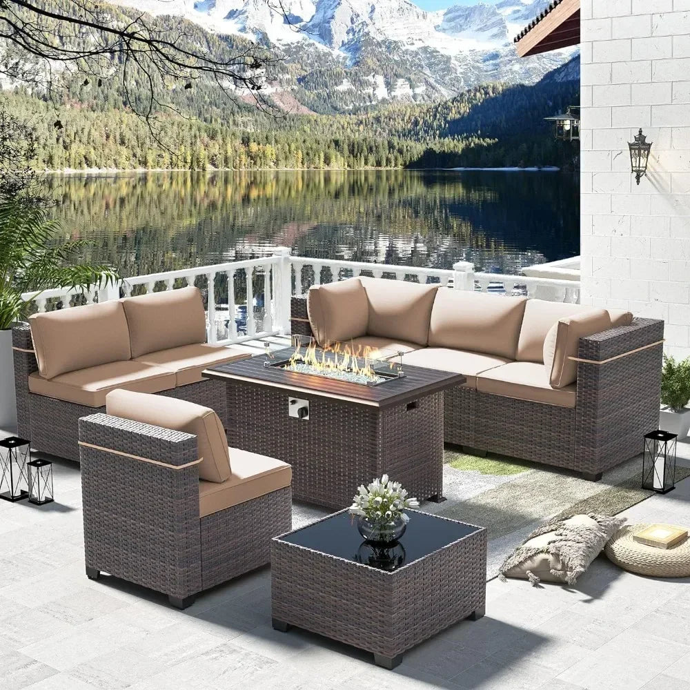8 Piece Outdoor Patio Furniture Set with Gas Fire Pit Table, 55,000 BTU Auto-Ignition Firepit w/Glass Wind Guard