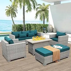 Patio Furniture Set 6 Piece Grey Wicker Outdoor Furniture Patio Sectional Sofa Couch PE Rattan Conversation Sets with Fire Pit