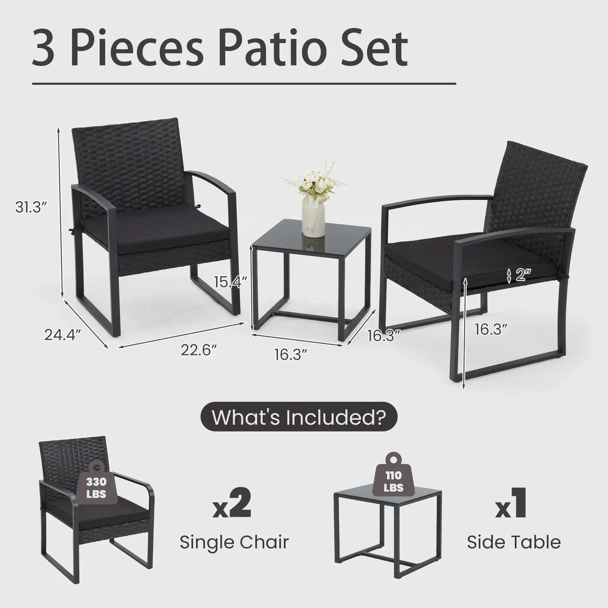3-Piece Patio Bistro Set, Outdoor Rattan Furniture Set with Coffee Table, Ideal for Outdoor Use, Black