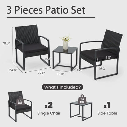 3-Piece Patio Bistro Set, Outdoor Rattan Furniture Set with Coffee Table, Ideal for Outdoor Use, Black