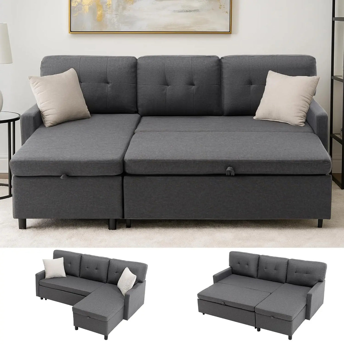 Sleeper Sofa Couch, Oversized Pull-Out Bed with Storage Chaise, Sectional Design for Living Room, Customized