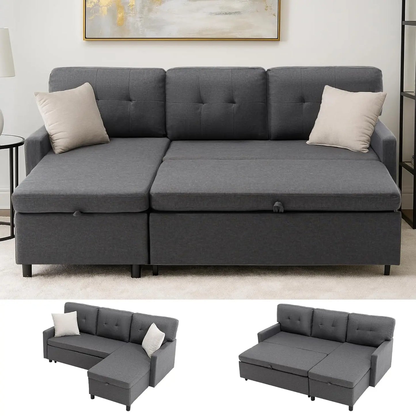 Sleeper Sofa Couch, Oversized Pull-Out Bed with Storage Chaise, Sectional Design for Living Room, Customized