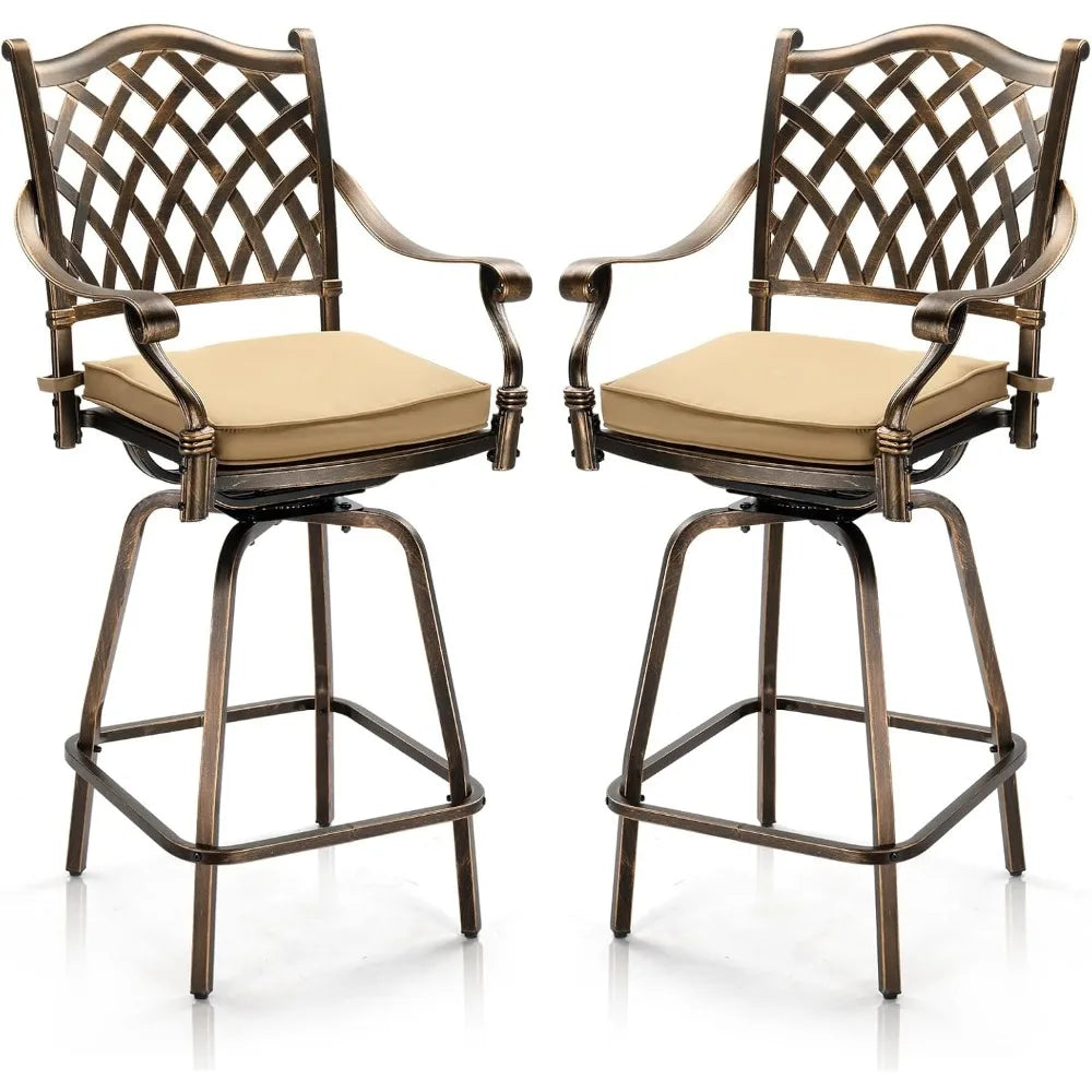 Outdoor Swivel Bar Stools Set of 2, Cast Aluminum All-Weather Patio Bar Height Chairs, Patio Bar Dining Chairs Outdoor Swivel P