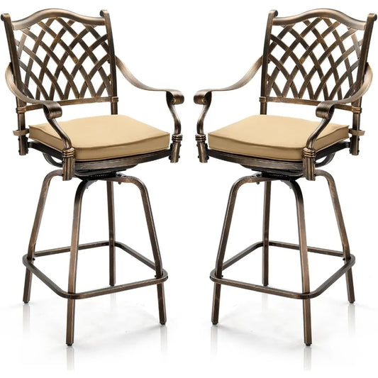 Outdoor Swivel Bar Stools Set of 2, Cast Aluminum All-Weather Patio Bar Height Chairs, Patio Bar Dining Chairs Outdoor Swivel P
