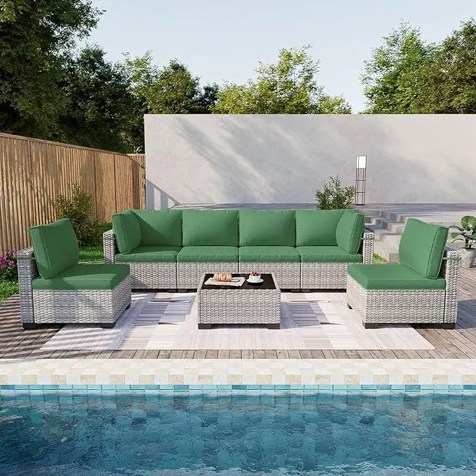 7 Piece Garden Furniture Set, Outdoor with Thick Cushions, Modular Rattan Garden Sofa, Anti-Rust Frame, Garden Furniture Set