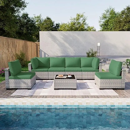 7 Piece Garden Furniture Set, Outdoor with Thick Cushions, Modular Rattan Garden Sofa, Anti-Rust Frame, Garden Furniture Set