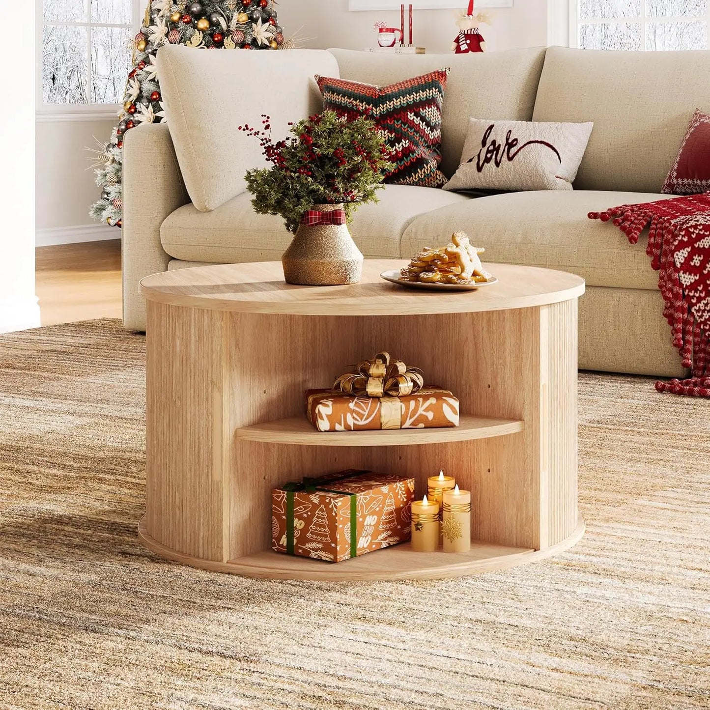 Round Coffee Table,31.5" Drum Coffee Table with Sliding Tambour Door,Fluted Accent Center Table with Storage,Modern Coffee Table