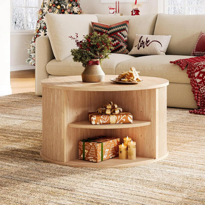 Round Coffee Table,31.5" Drum Coffee Table with Sliding Tambour Door,Fluted Accent Center Table with Storage,Modern Coffee Table