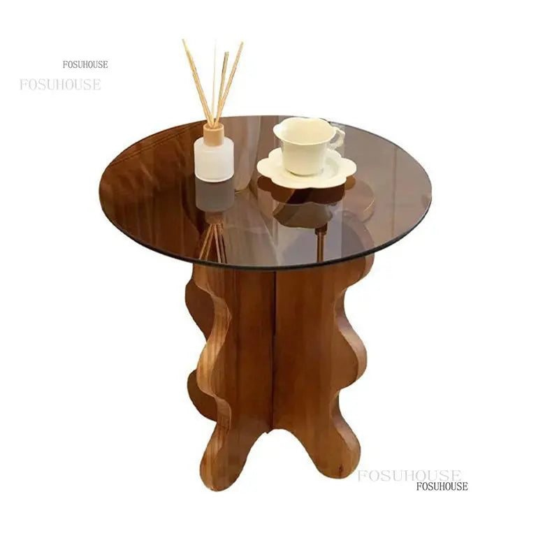 Table d'appoint de luxe légère en bois massif, Tables basses en verre nordique pour meubles de salon, Table d'angle pour petit appartement