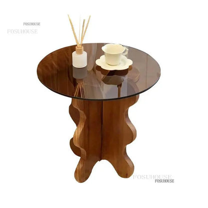 Table d'appoint de luxe légère en bois massif, Tables basses en verre nordique pour meubles de salon, Table d'angle pour petit appartement