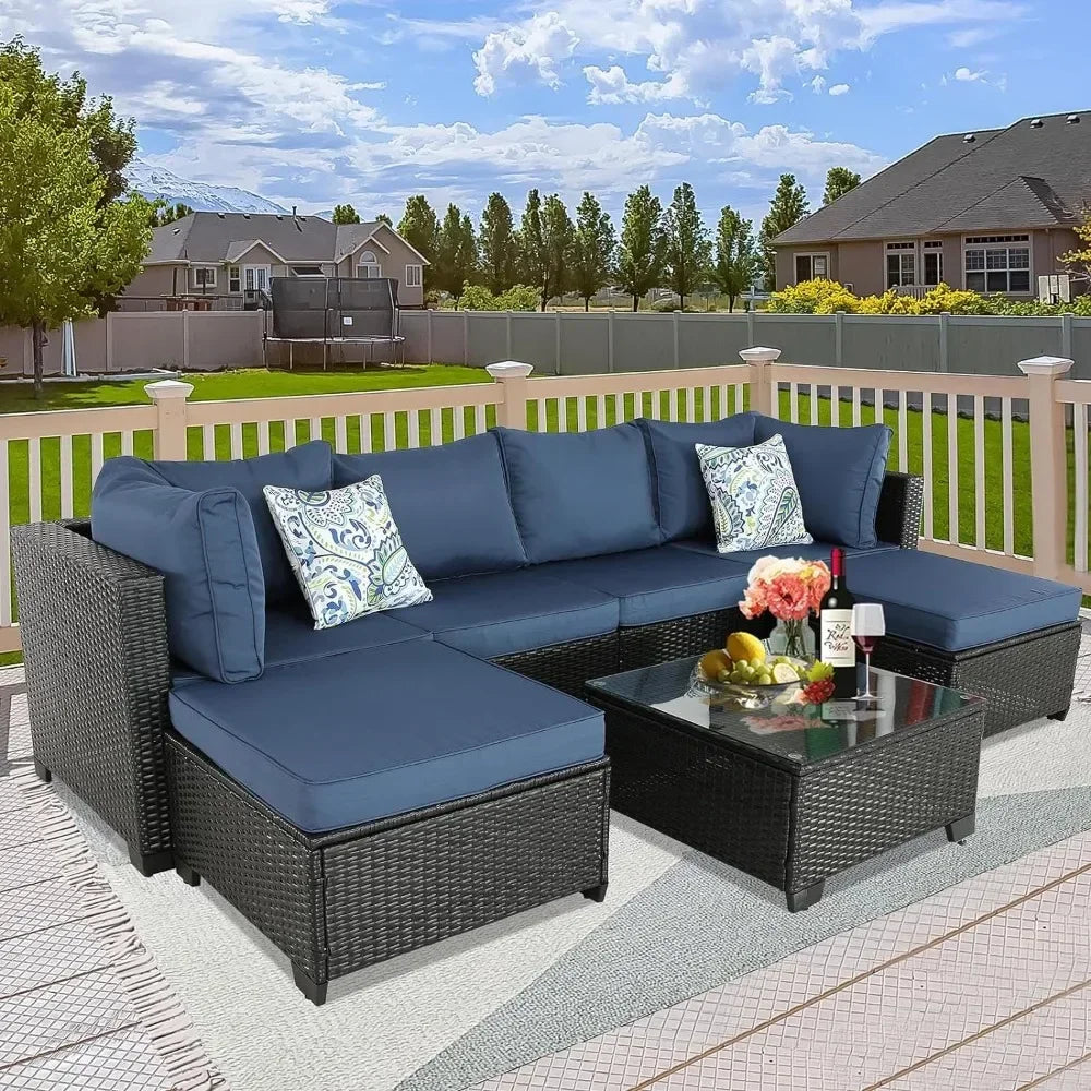 Garden Furniture 7 Pieces Set, Patio Furniture PE Wicker Sets with Washable Cushions Glas Coffee Table, Garden Furniture Set