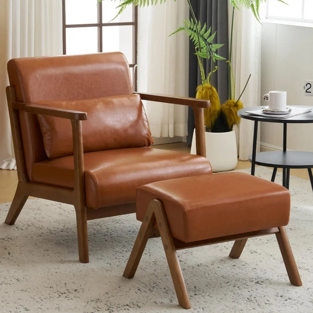 Modern Accent Chair with Ottoman, PU Leather Upholstered Armchair Living Room Chair for Bedroom, Balcony, Reception,Customized