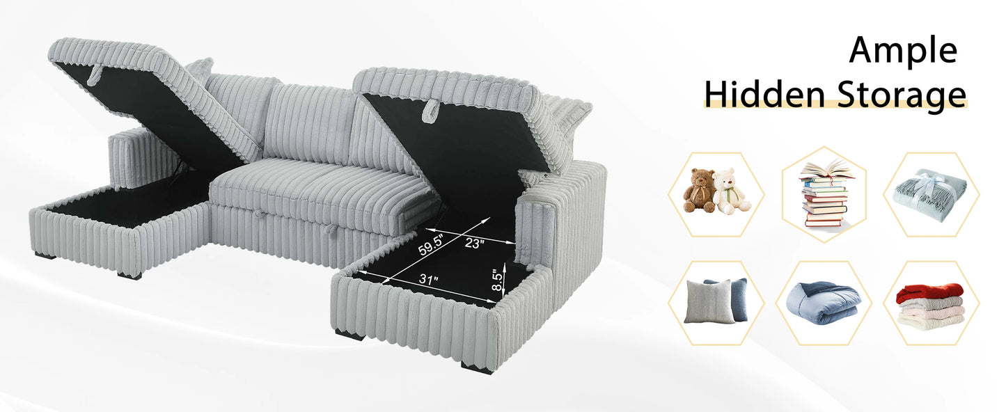 TODRANI 122 inch Overisze U Shaped Sleeper Sofa Pull Out Bed, Sleeper Sofa with Double Storage Chaise for Living Room