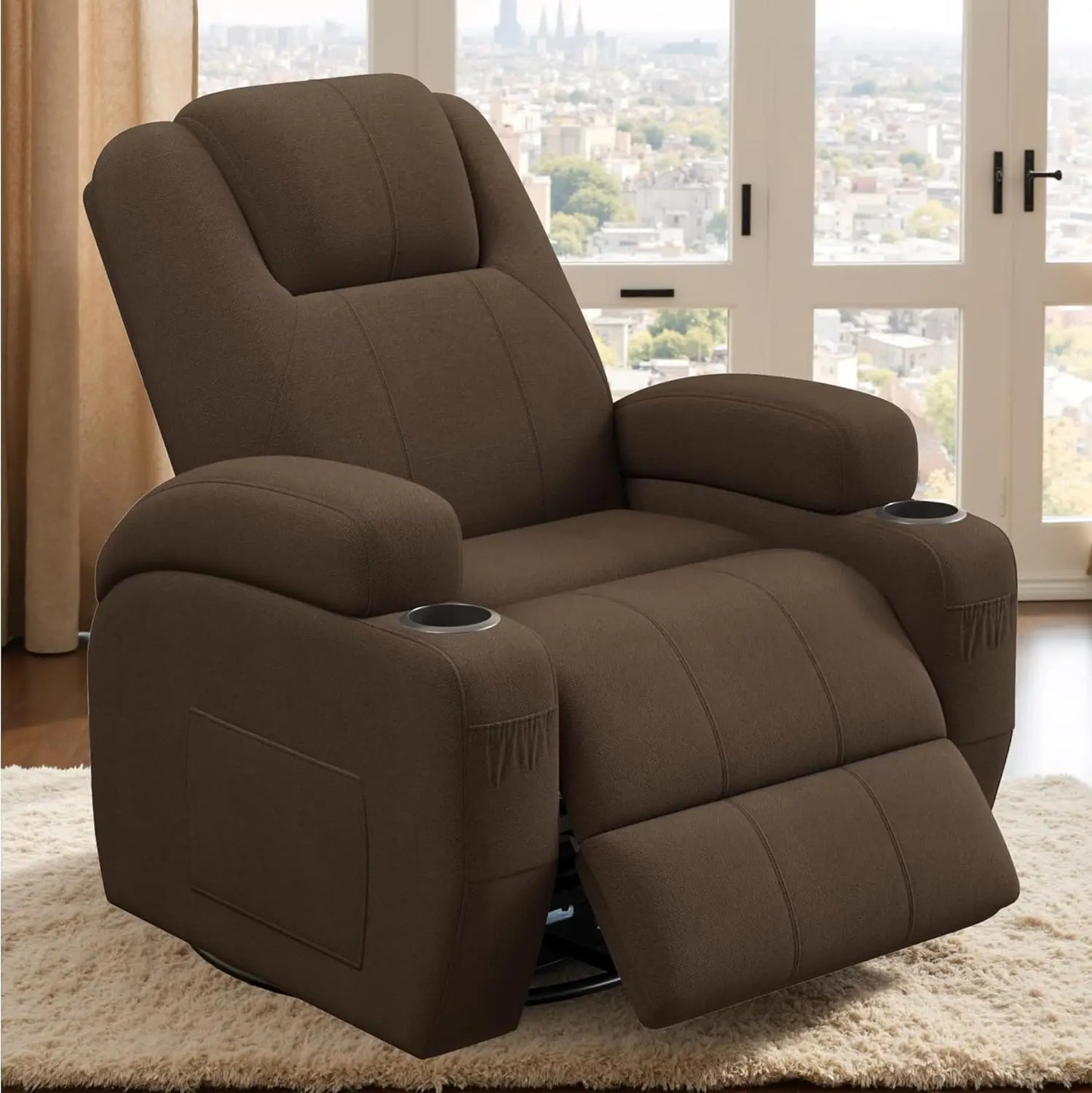 360° Swivel Recliner Chair with Vibration Massage, Ergonomic Lounge Rocker for Adults, Cup Holders & Side Pockets