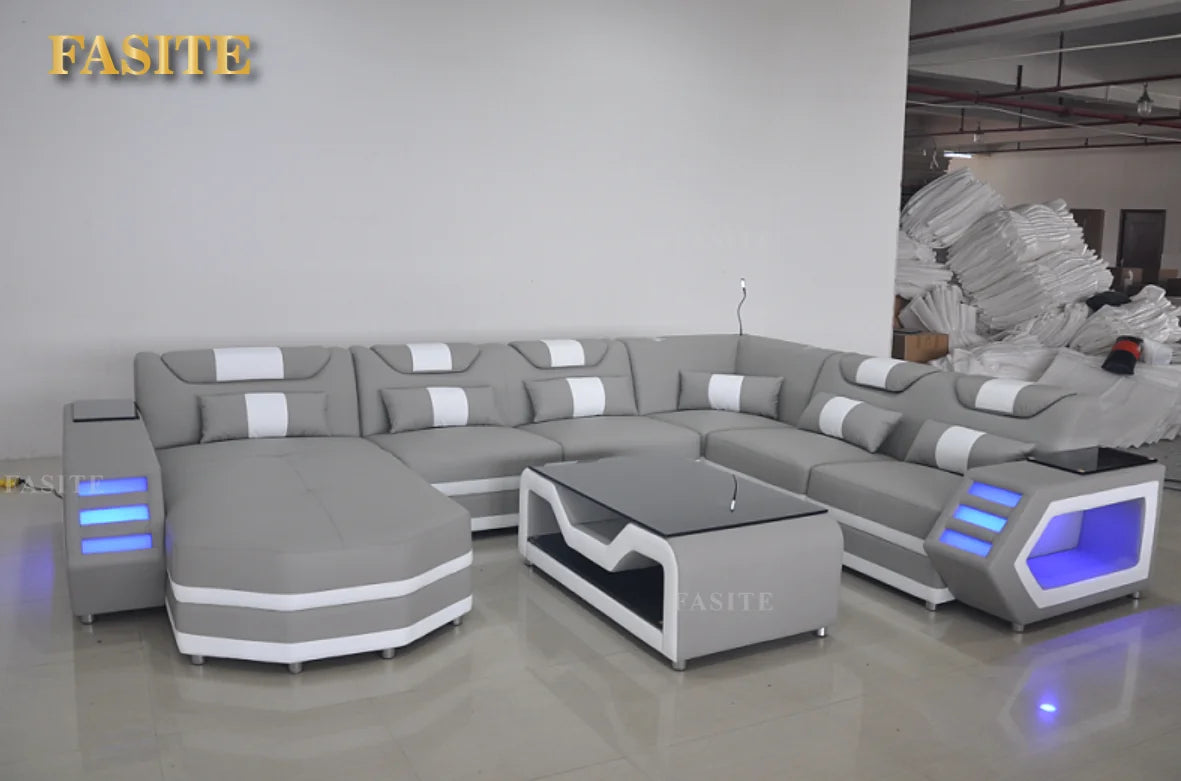 Luxury Italy Design Sectional Sofa Bed Modern LED Living Room Furniture Genuine Leather Sofas Sets