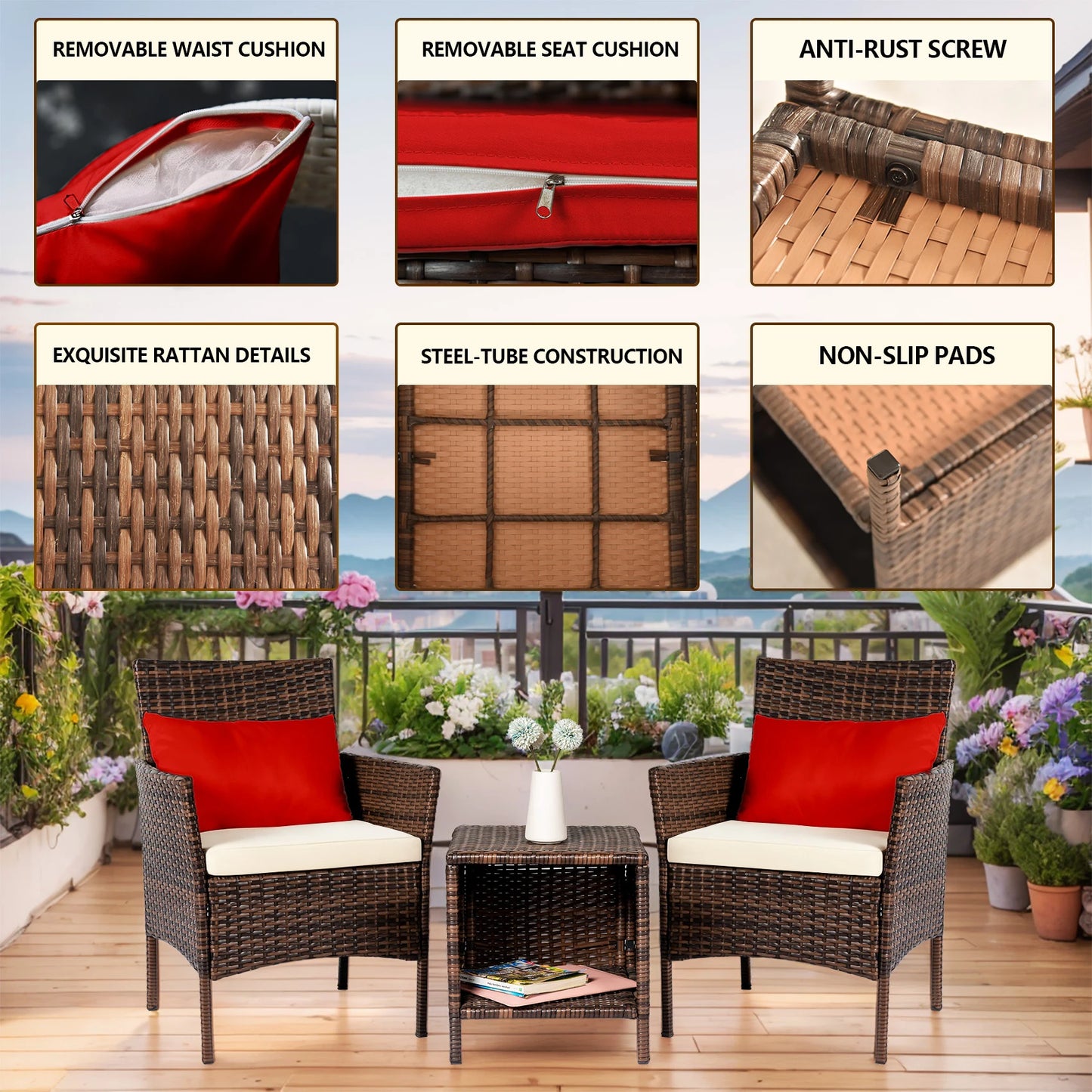 3 Piece Patio Conversation Bistro Set, Porch Balcony Furniture Set Outdoor Chat Furniture, Wicker Chairs and Storable Table Set