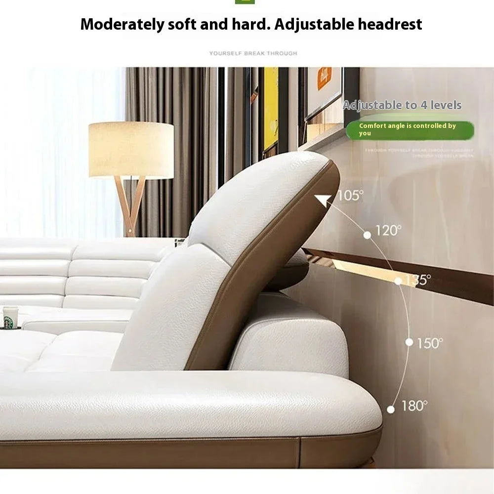 Luxury L-Shaped Genuine Leather Sectional Sofa Sets with USB, Bluetooth Speaker - MINGDIBAO Living Room Italian Leather Couches