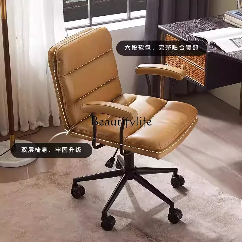 N Nordic Simple Leather Office Chair Home Comfortable Computer Swivel Chair Mid-Ancient Retro Iron Art Armchair