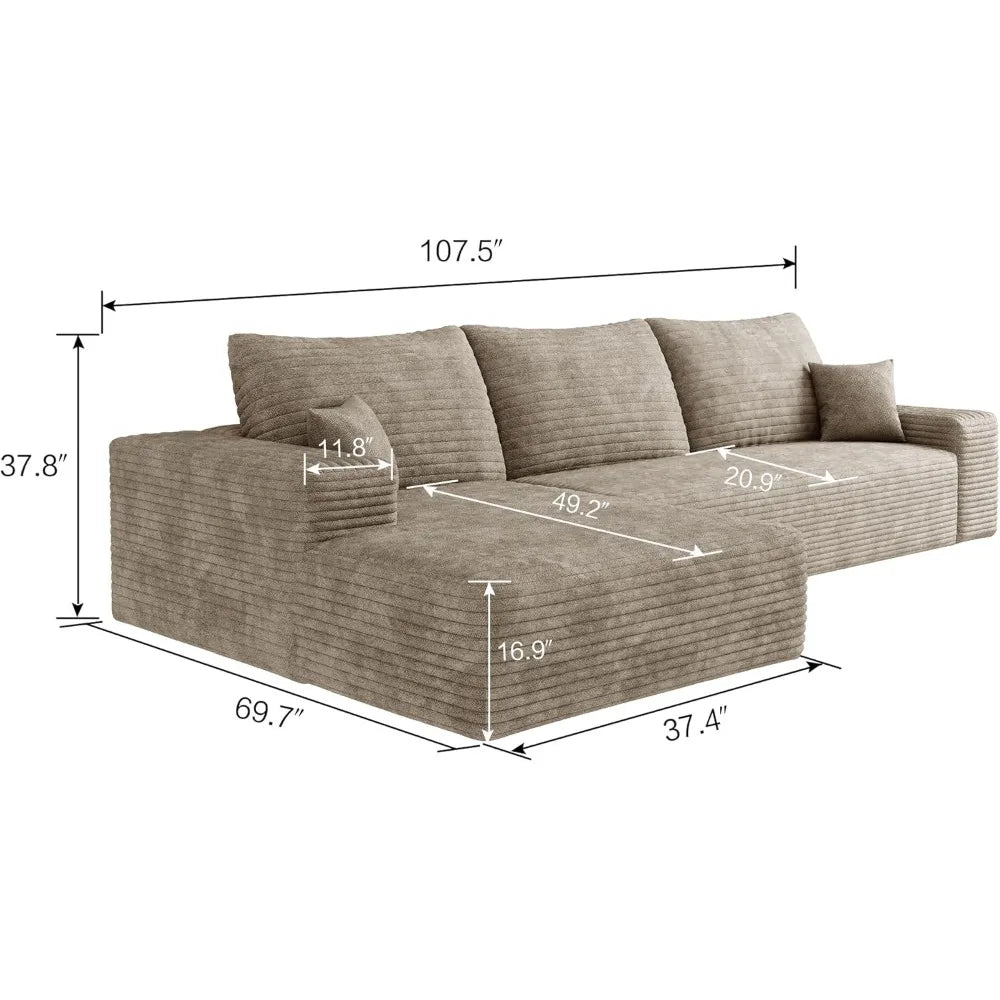 107" Boneless Couch with L Shaped Chaise, Plush Corduroy Sleeper Sectional Sofa, Deep Seat Comfy Couches for Living Room Bedroom