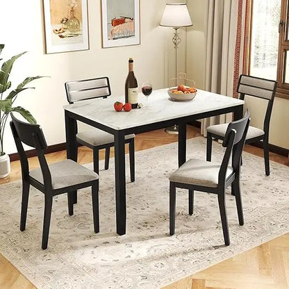 Dining Table Set for 4, Dinette Set W/Faux Marble Tabletop, 4 Padded Seat, Rubber Wood Legs, Curved Backrest