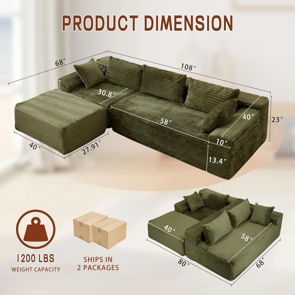 L-Shaped Modular Couch, Cloud-Soft Sectional Sofa with Chaise, Plush Corduroy, Deep Seating, Side Pockets, Ready to Use