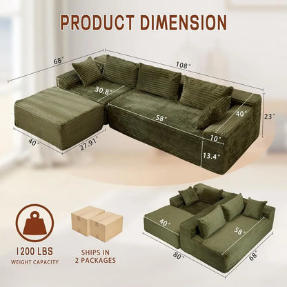 L-Shaped Modular Couch, Cloud-Soft Sectional Sofa with Chaise, Plush Corduroy, Deep Seating, Side Pockets, Ready to Use