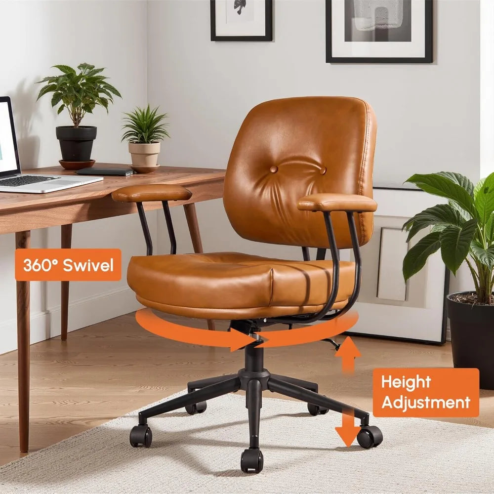Mid Century Modern Office Chair,Mid Back Ergonomic Faux Leather Desk Chair with Lumbar Support,Rolling Swivel Task Computer Chai