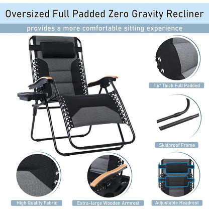 PHI VILLA XXL Oversized Padded Zero Gravity Chair, Foldable Patio Recliner, 30" Wide Seat Anti Gravity Lounger with Cup Holder