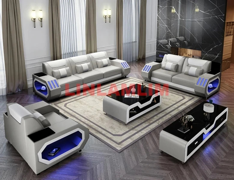 Futuristic LED Italian Genuine Leather Sofa Set – Modern Sectional Couch with Illuminated Arm Storage and High-Density Cushions