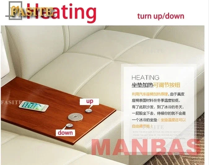 Italian Leather Couch With Heating Seat Cold Fridge Genuine Leather Sofa With Headrests USB, Stools And Storage Easy to clean