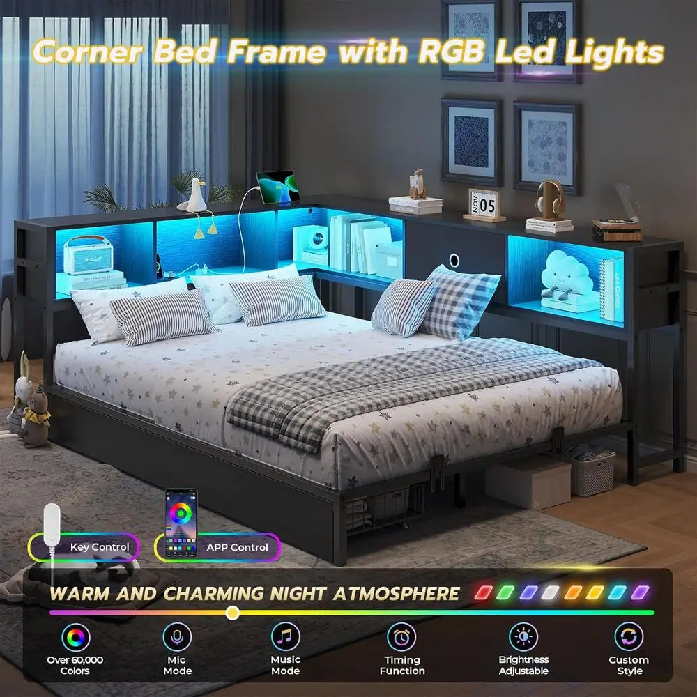 Full Size Metal Daybed Frame with Bookcase Storage, LED Lights, Drawers & Charging Station, No Box Spring Needed, Black