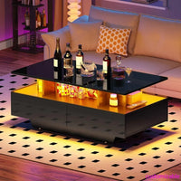 Modern Rectangular Black High Gloss LED Coffee Table with 4 Drawers for Living Room Storage