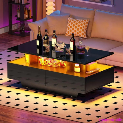 Modern Rectangular Black High Gloss LED Coffee Table with 4 Drawers for Living Room Storage