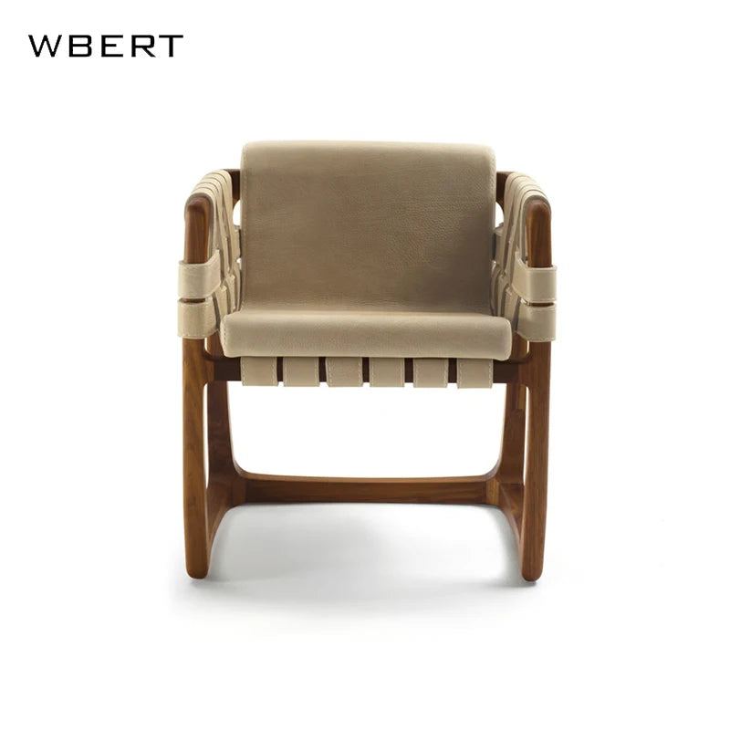 Wbert Modern Italian Leather Woven Leisure Dining Chair Solid Wood Courtyard Armchair For Hotel Villa Living Room