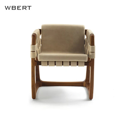 Wbert Modern Italian Leather Woven Leisure Dining Chair Solid Wood Courtyard Armchair For Hotel Villa Living Room