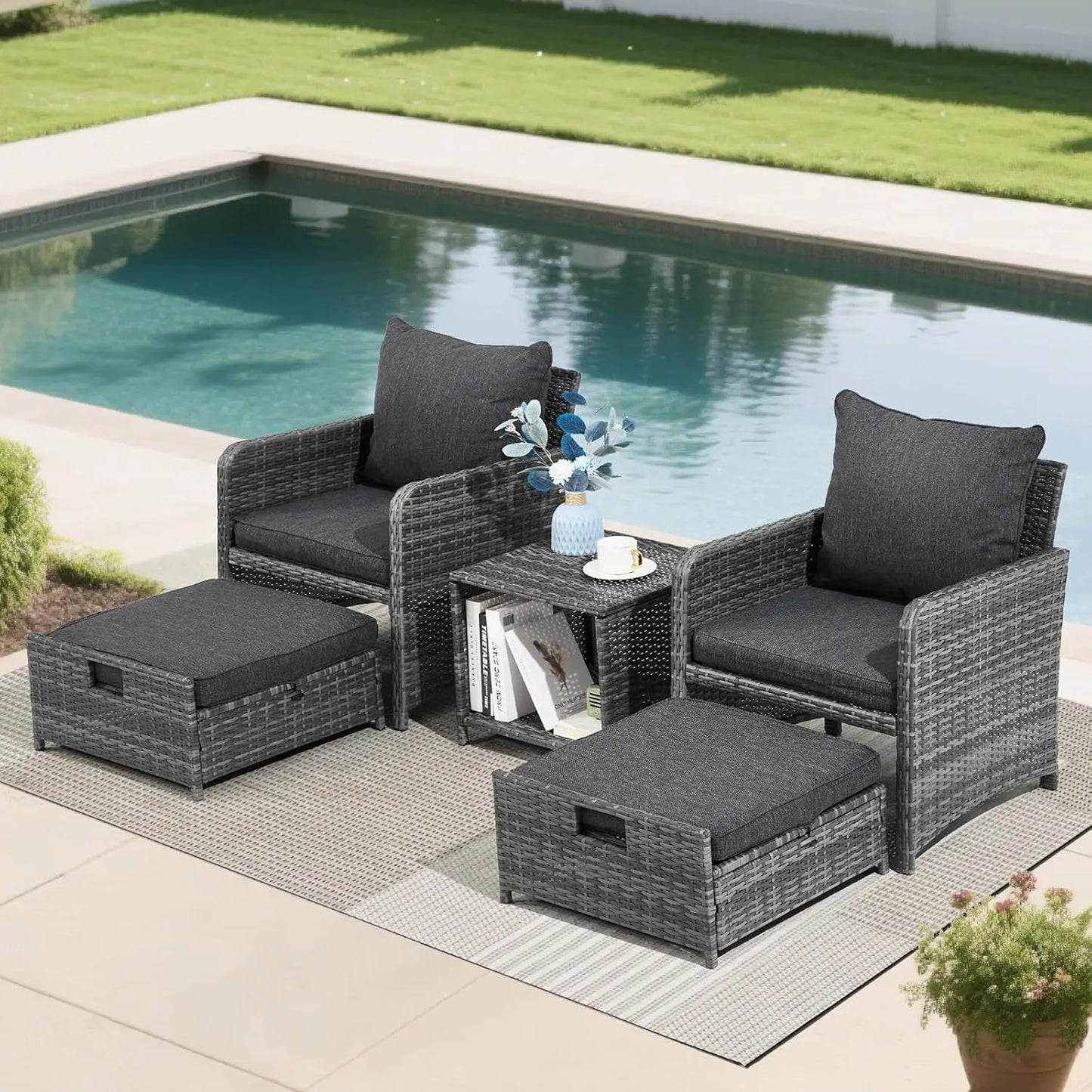 Wicker Patio Furniture Set, Balcony Furniture with Ottoman & Side Table for Lawn Pool Garden (Grey&Grey Rattan)