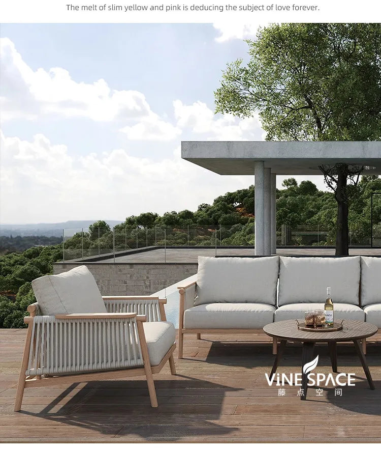 Outdoor sofa courtyard open-air garden villa waterproof and sunscreen leisure rope braided teak outdoor bed and breakfast sofa