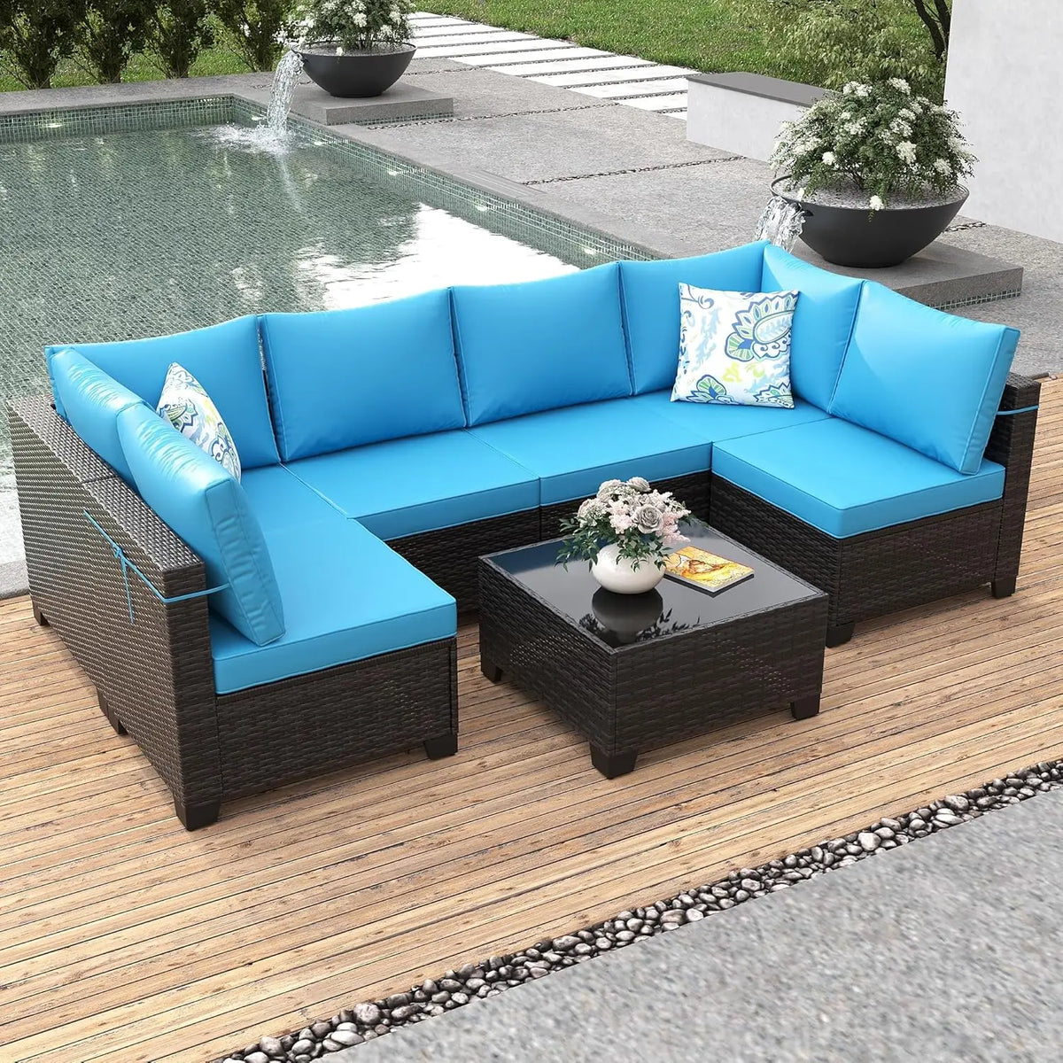 8 Piece Outdoor Patio Furniture Set with Fire Pit, Wicker Outdoor Sectional Sofa for Deck, Garden, Lawn