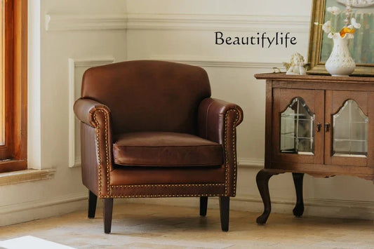 VN Modern retro living room home oil wax leather leisure chair medieval living room American single chair