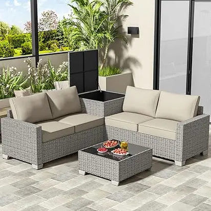4-Seater All-Weather Outdoor Patio Furniture Set with Storage & Table, L-Shaped Sectional Sofa & Corner Couch - PE Rattan Wicker