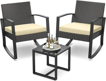 %a Patio Furniture Set Rocking Bistro Set Outdoor Rattan Conversation with Coffee Table for Garden Balcony Backyard