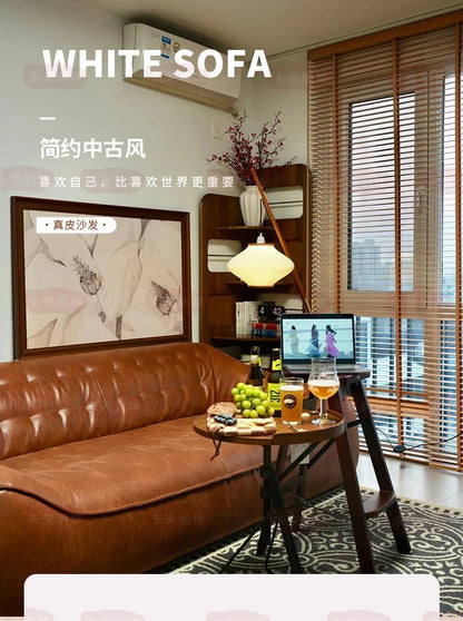 Oil Wax Leather French Retro Small Apartment Straight Row Leather Sofa Living Room Sofa